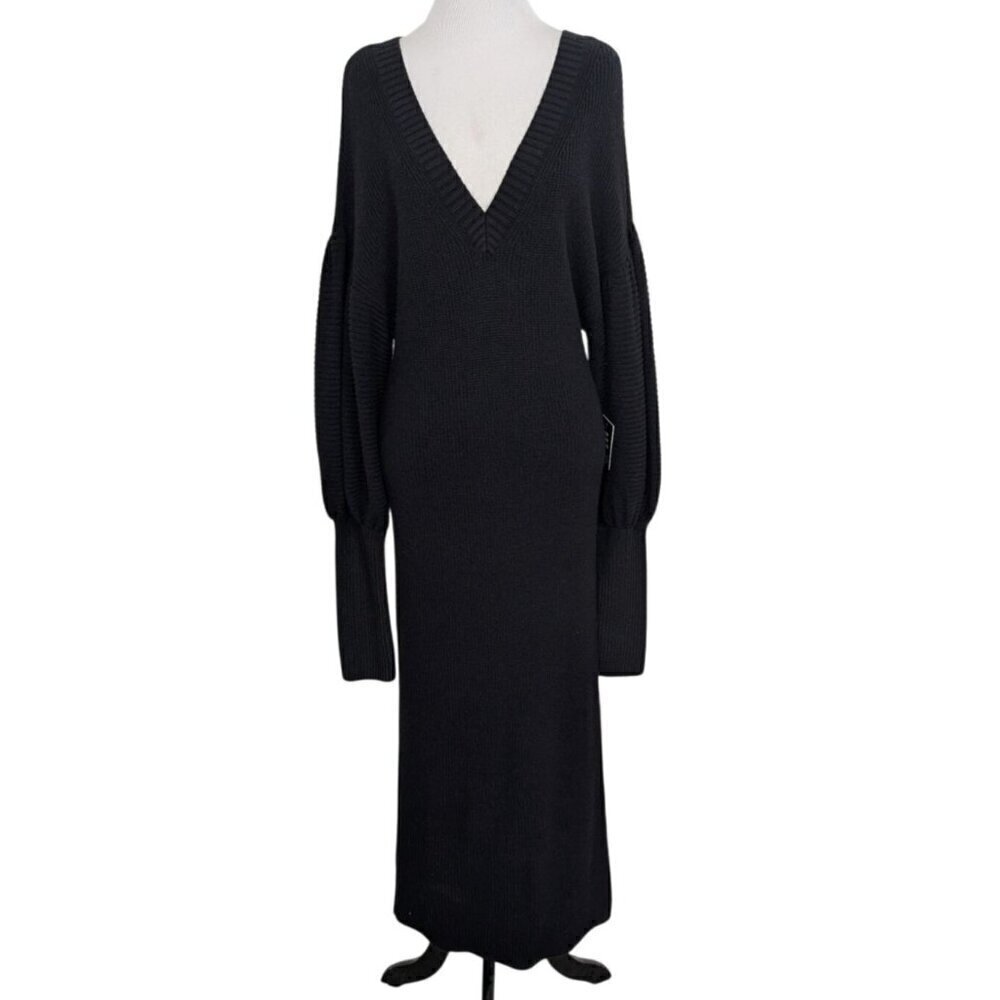 NEW Express Ribbed Maxi Dress Womens Size Medium Black Stretch V Neck Long
